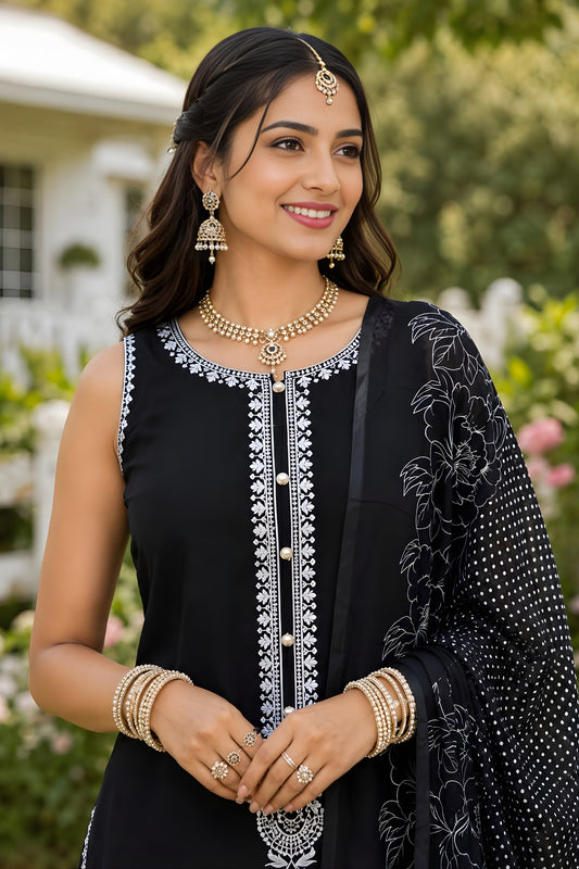 Stunning Black Chinon Silk Embroidered Designer Palazzo Suit with Dupatta for Wedding