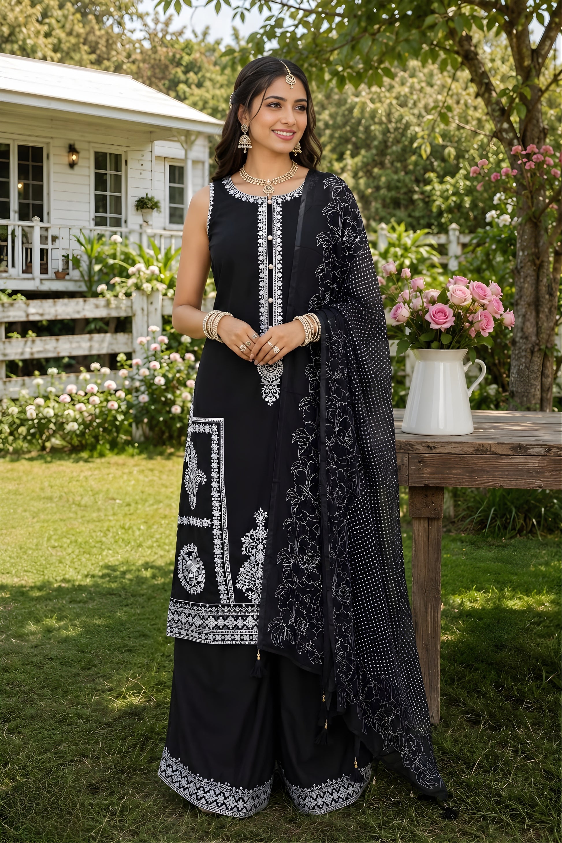 Stunning Black Chinon Silk Embroidered Designer Palazzo Suit with Dupatta for Wedding