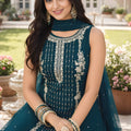 Graceful Rama Green Georgette Embroidered Designer Palazzo Suit with Dupatta for Women