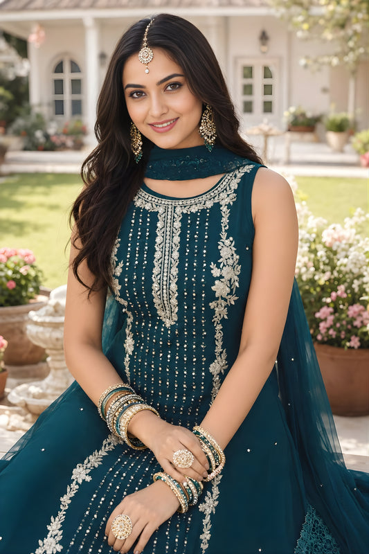 Graceful Rama Green Georgette Embroidered Designer Palazzo Suit with Dupatta for Women