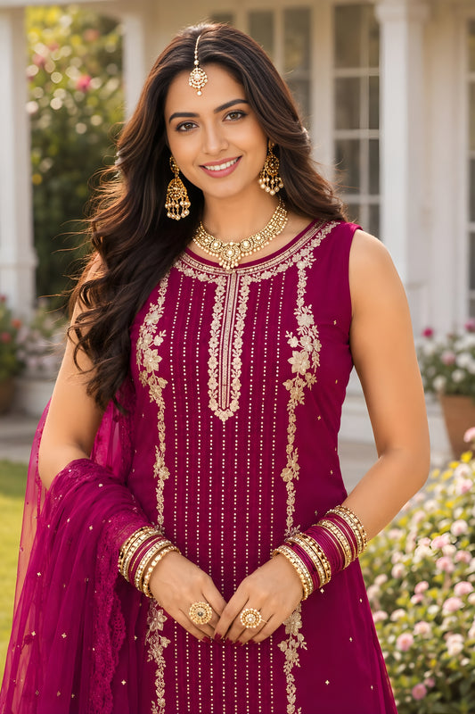 Stylish Rani Pink Georgette Embroidered Designer Palazzo Suit with Dupatta for Women