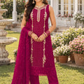 Stylish Rani Pink Georgette Embroidered Designer Palazzo Suit with Dupatta for Women