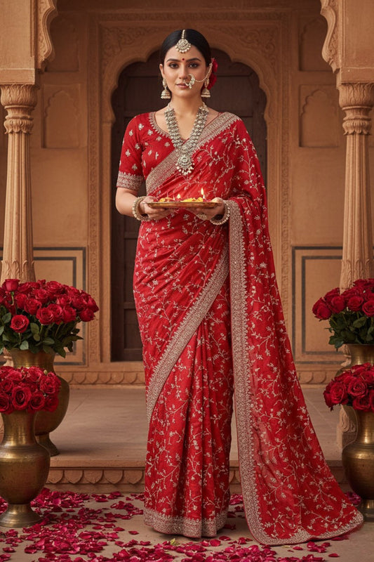 Traditional Red Bridal Saree with Designer Blouse Piece