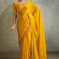Mustard Yellow Chiffon Saree Zari Border Embroidered Blouse