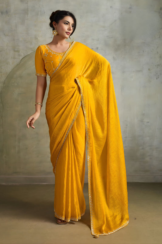 Mustard Yellow Chiffon Saree Zari Border Embroidered Blouse