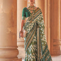 White Green Patola Silk Saree Chevron Ikat Weaving and Zari Border