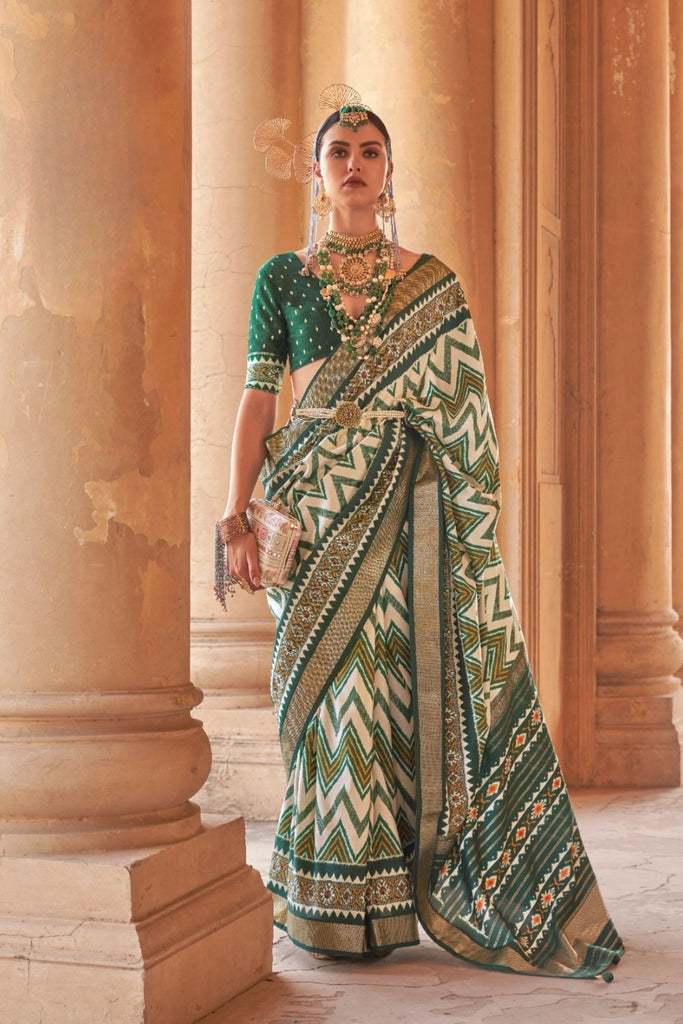 White Green Patola Silk Saree Chevron Ikat Weaving and Zari Border