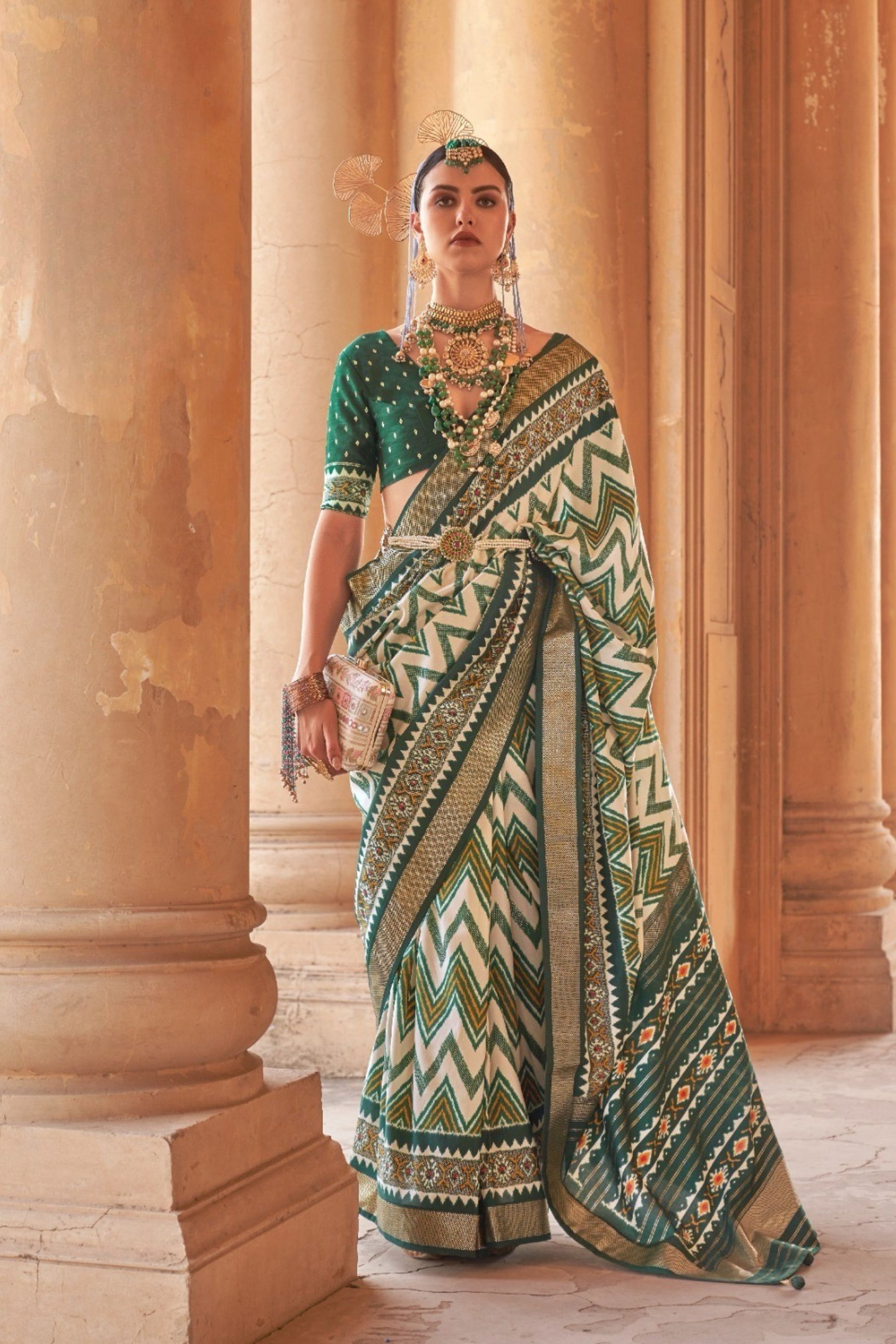 White Green Patola Silk Saree Chevron Ikat Weaving and Zari Border