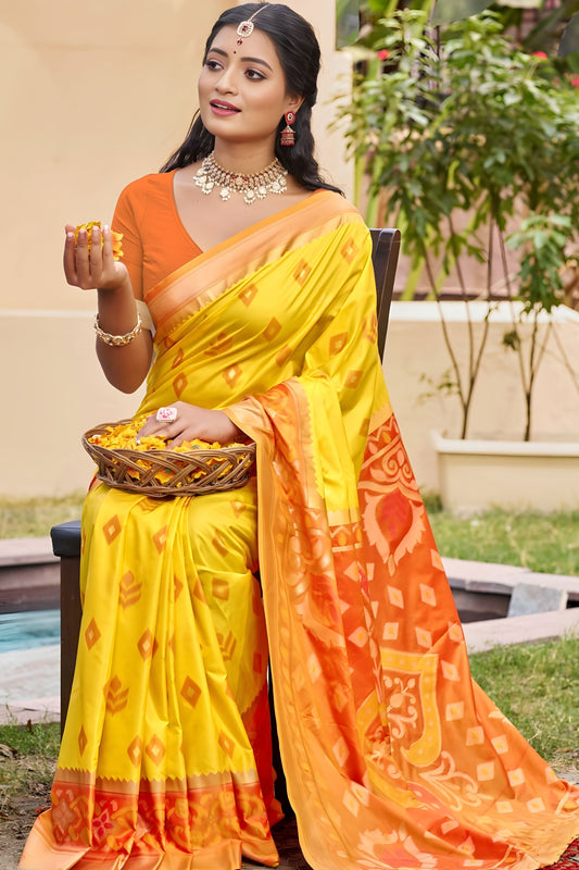 Yellow Orange Silk Blend Saree with Traditional Woven Border 