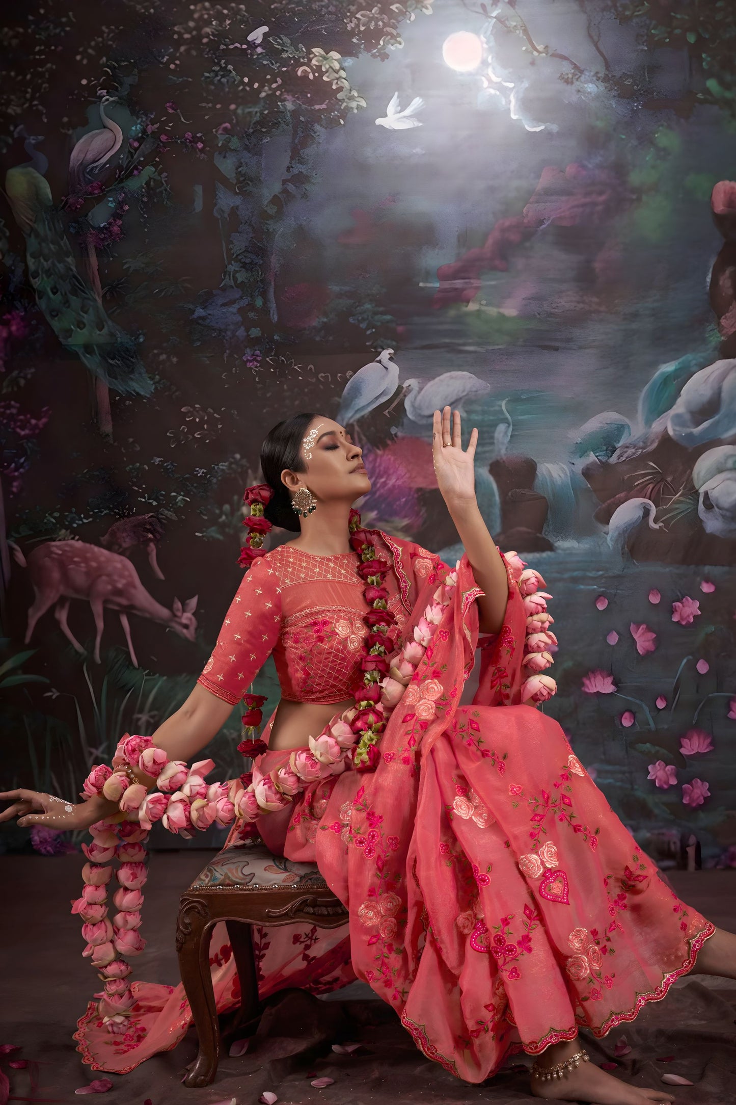 Designer Peach Pink Floral Embroidered Saree with Stylish Blouse