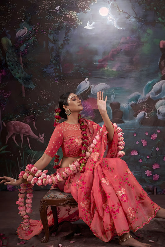 Designer Peach Pink Floral Embroidered Saree with Stylish Blouse