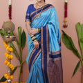 Sky Blue Silk Saree Navy Blue Woven Border Traditional Design