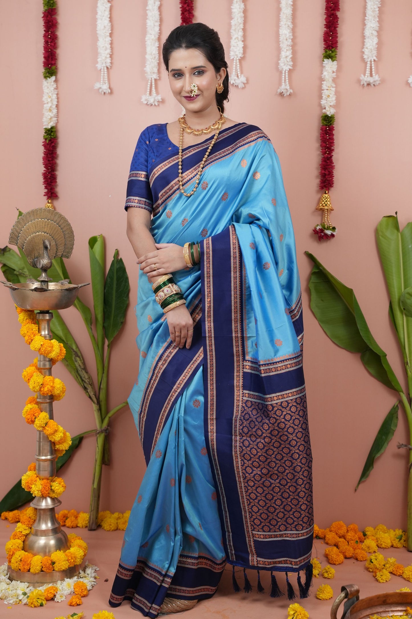 Sky Blue Silk Saree Navy Blue Woven Border Traditional Design
