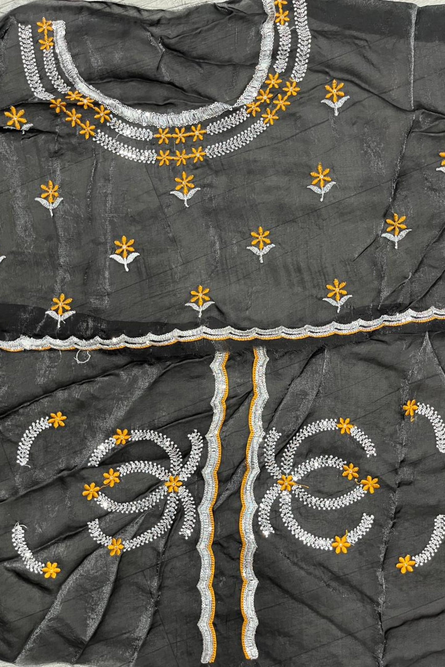 Mustard Gold Tissue Silk Saree Black Embroidered Sequin Designer Blouse
