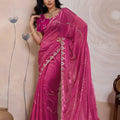 Rani Pink Silk Saree Golden Zari Embroidery Border Matching Blouse