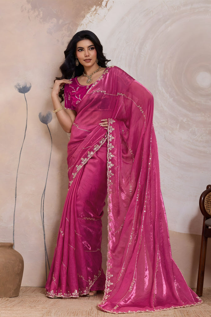 Rani Pink Silk Saree Golden Zari Embroidery Border Matching Blouse
