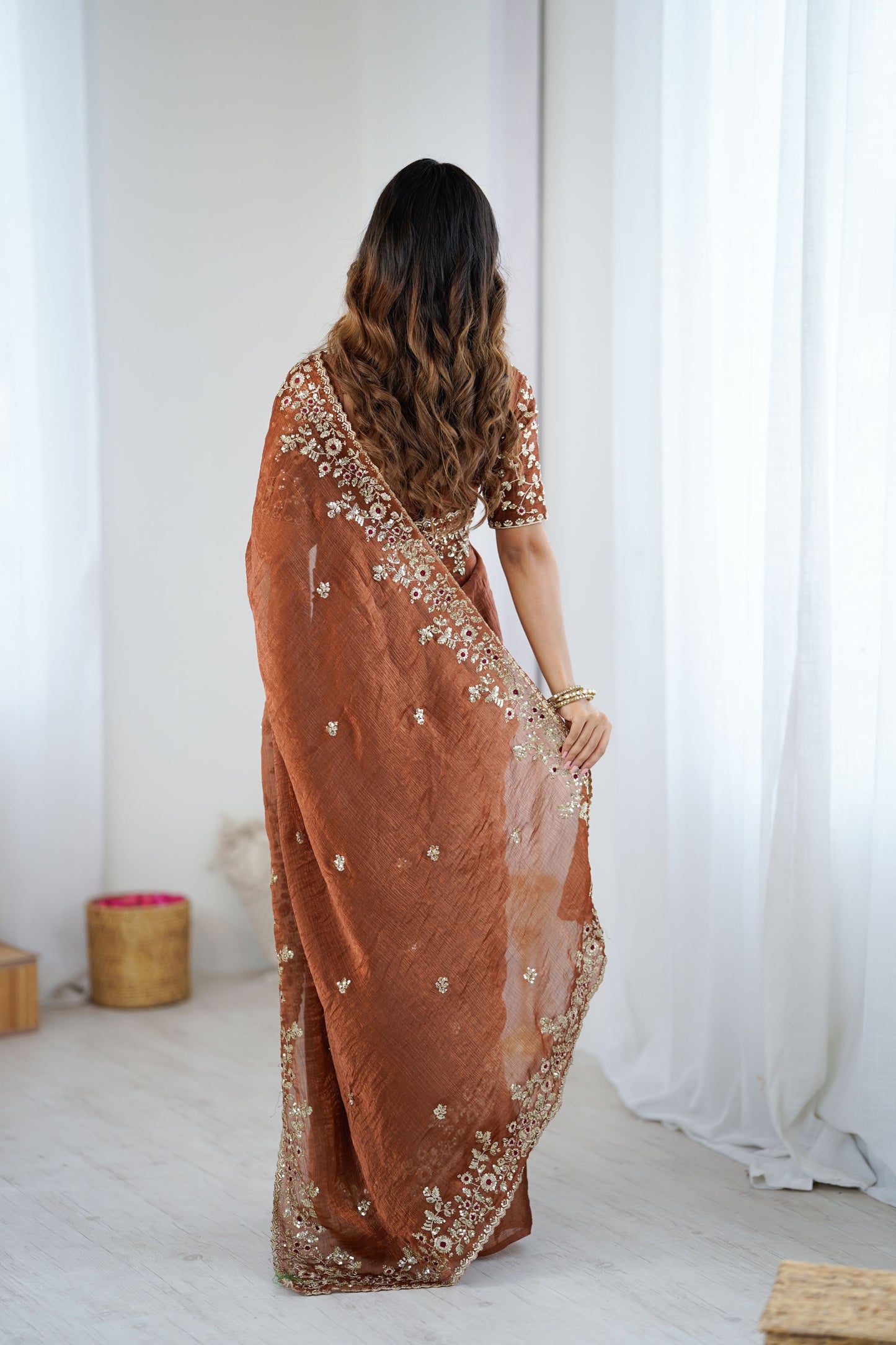 Rust Brown Organza Silk Saree with Heavy Designer Blouse