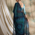 Teal Blue Satin Saree with Printed Designer Blouse Festive Wear
