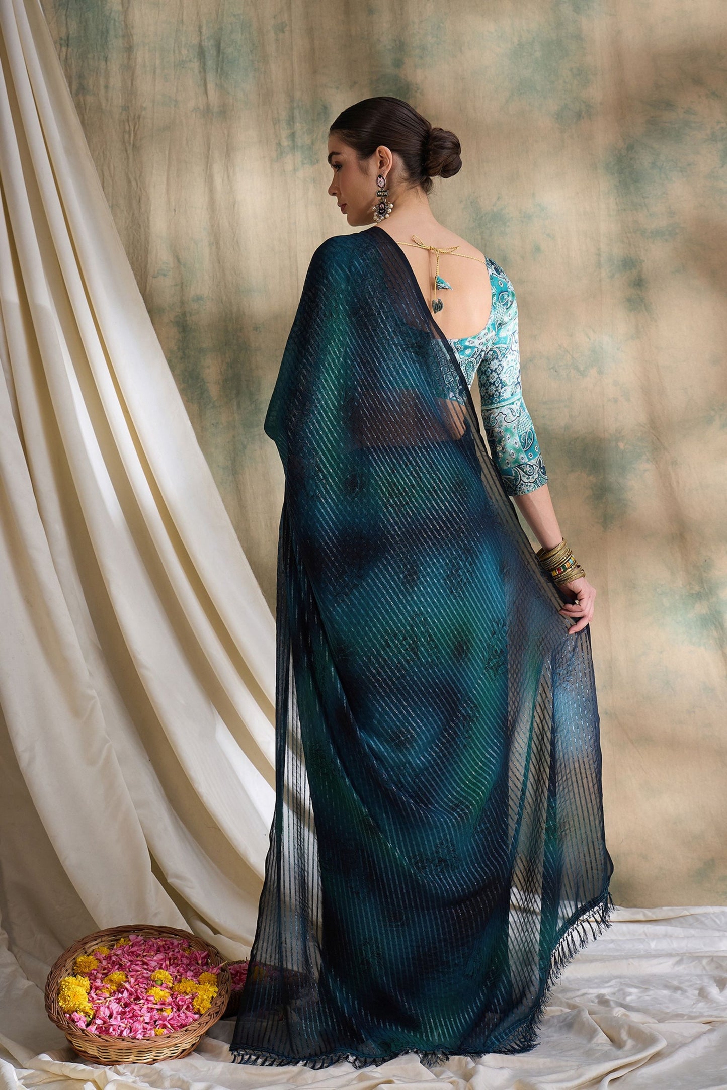 Teal Blue Satin Saree with Printed Designer Blouse Festive Wear