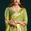 Light Green Soft Silk Saree with Floral Embroidery Gold Zari Border