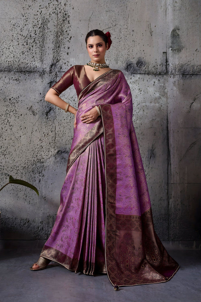 Purple Banarasi Silk Saree with Maroon Zari Border Traditional Saree