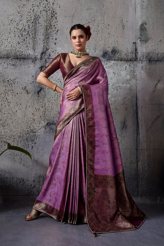 Purple Banarasi Silk Saree with Maroon Zari Border Traditional Saree