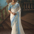 White Sky Blue Embroidered Saree Zari Border Designer Saree