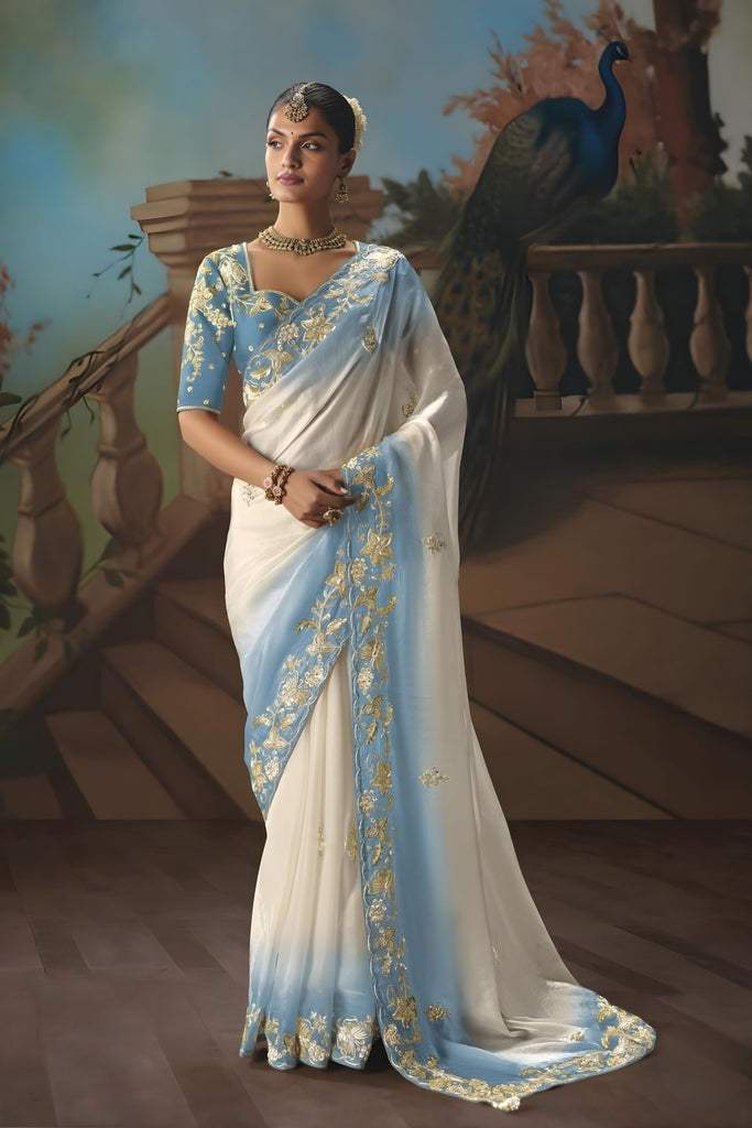 White Sky Blue Embroidered Saree Zari Border Designer Saree