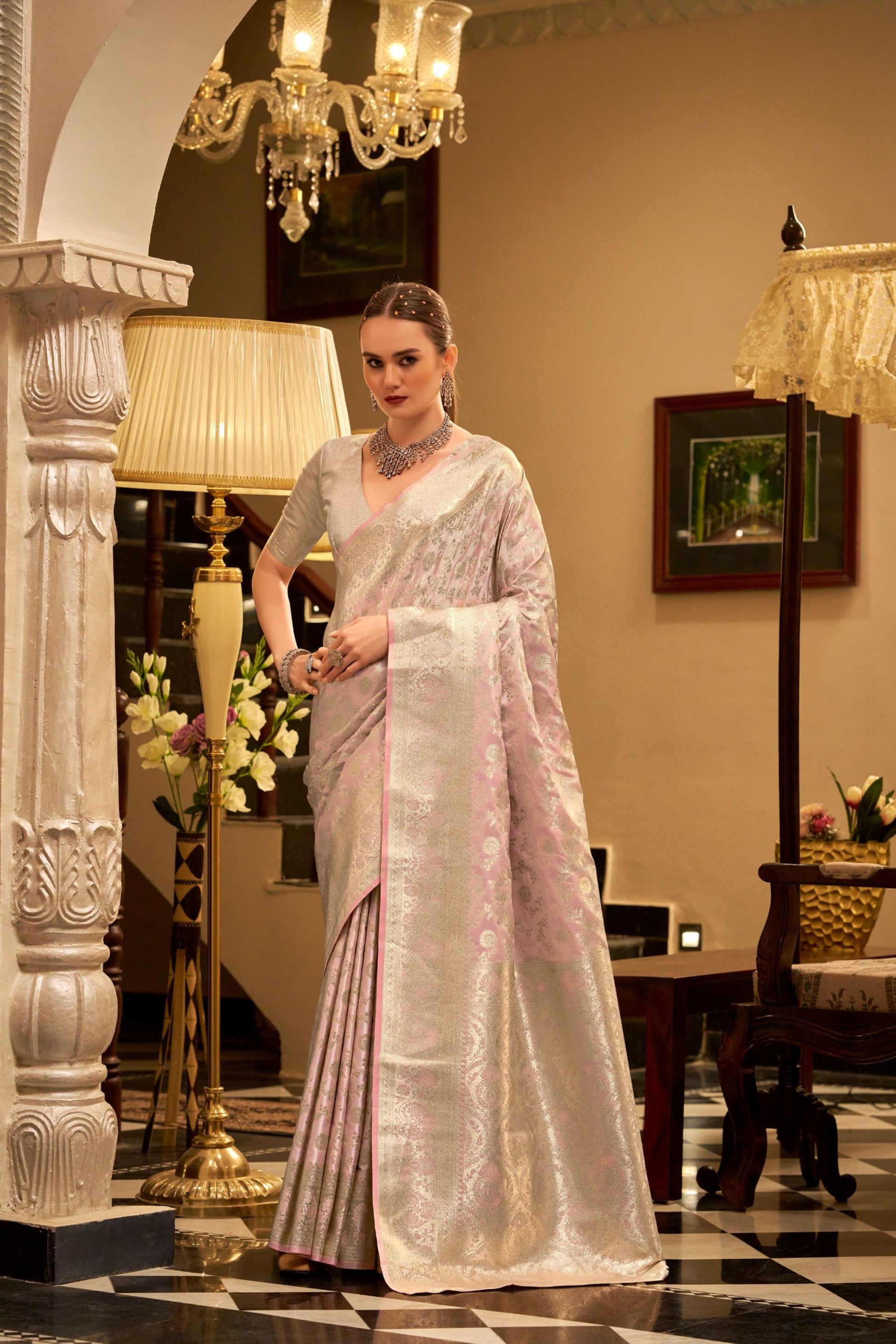 Pastel Pink Gold Banarasi Silk Saree with Rich Zari Weaving Saree 