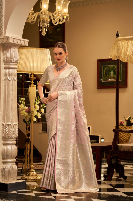 Pastel Pink Gold Banarasi Silk Saree with Rich Zari Weaving Saree 