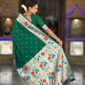 Bottle Green Paithani Silk Saree Multicolor Peacock Floral Woven Border