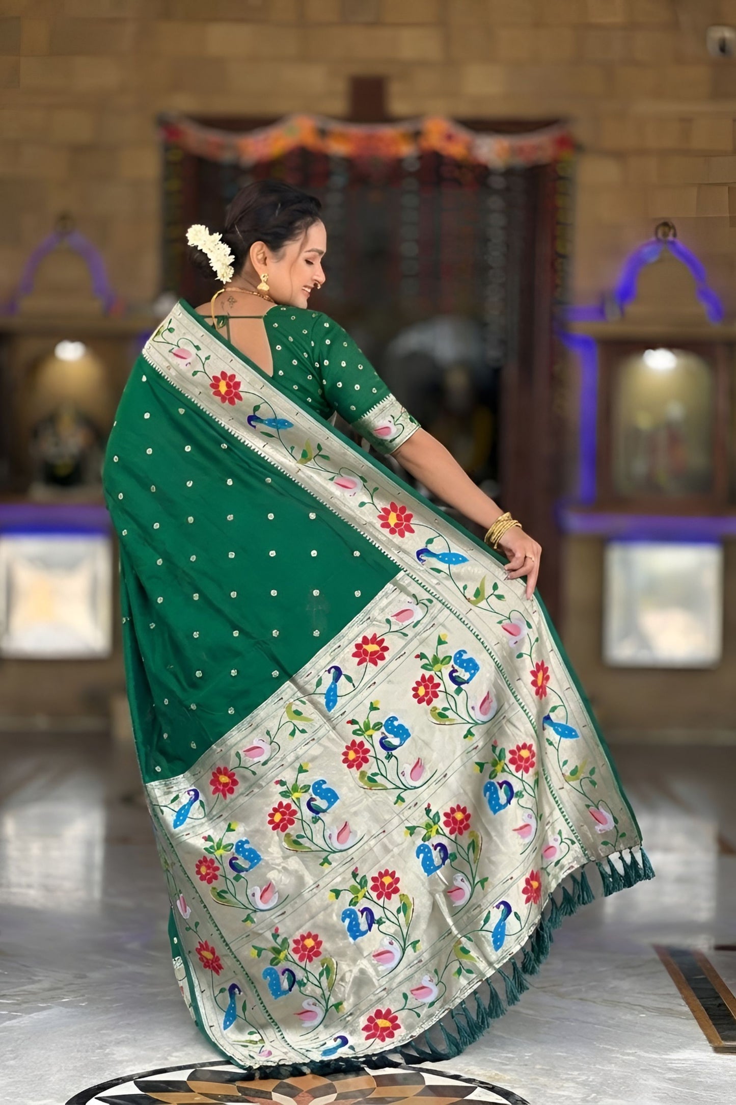 Bottle Green Paithani Silk Saree Multicolor Peacock Floral Woven Border