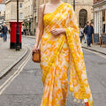 Yellow Floral Printed Saree with Striped Border Casual Wear Saree