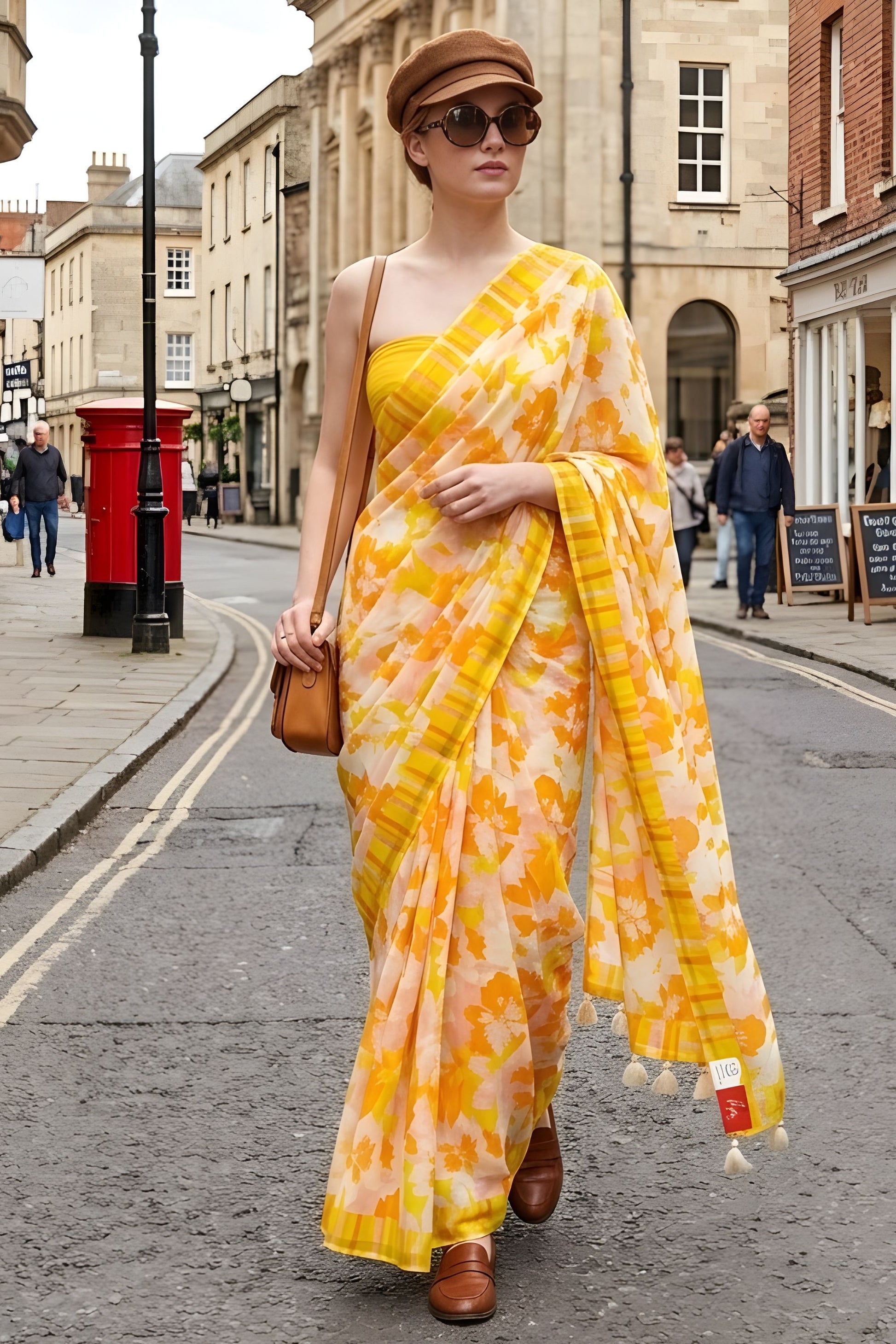 Yellow Floral Printed Saree with Striped Border Casual Wear Saree