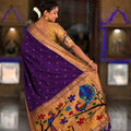 Deep Purple Cotton Silk Saree Golden Border Peacock Floral Designer Pallu