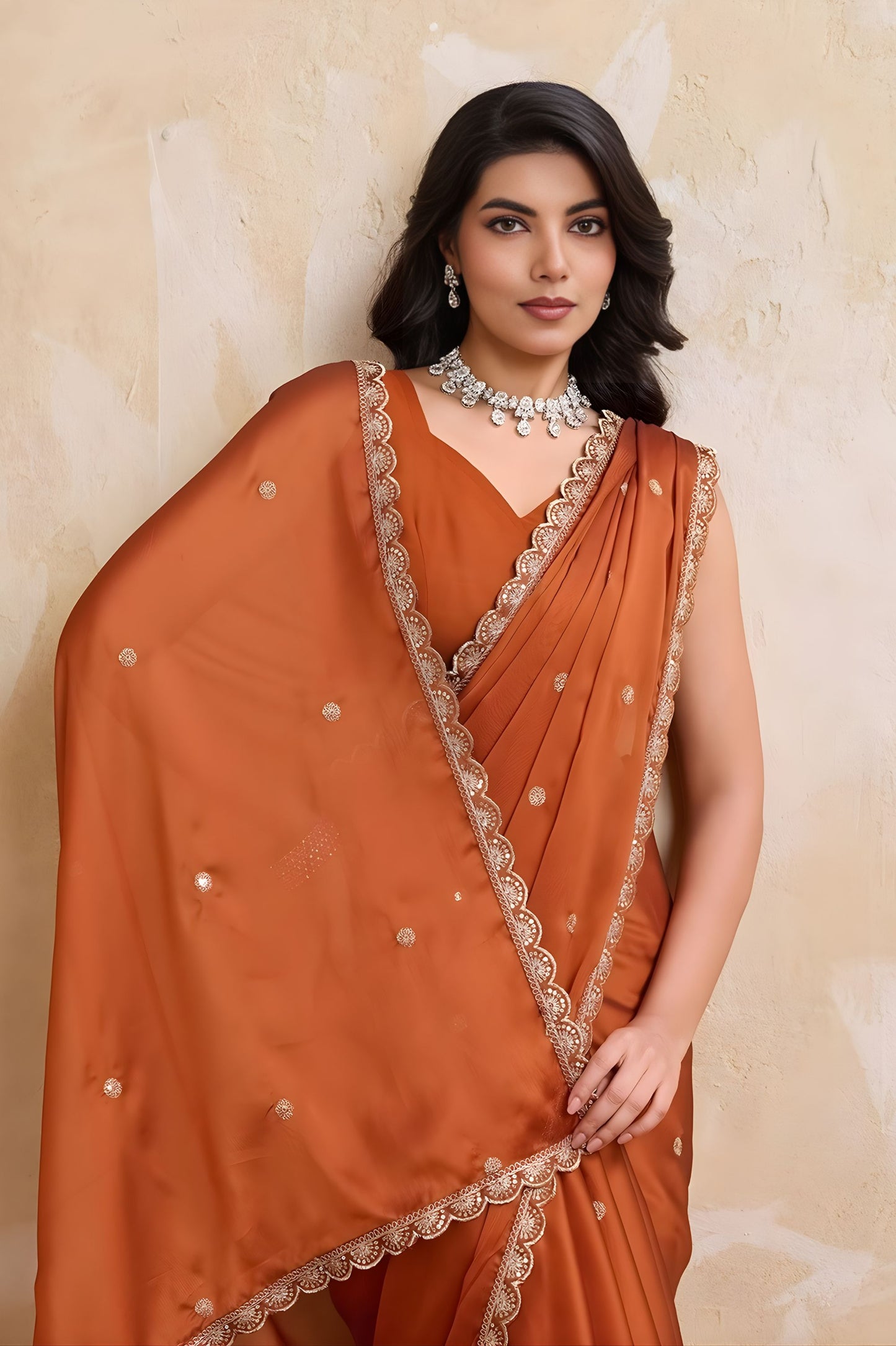 Rust Orange Georgette Saree with Silver Zari Border Butti Work