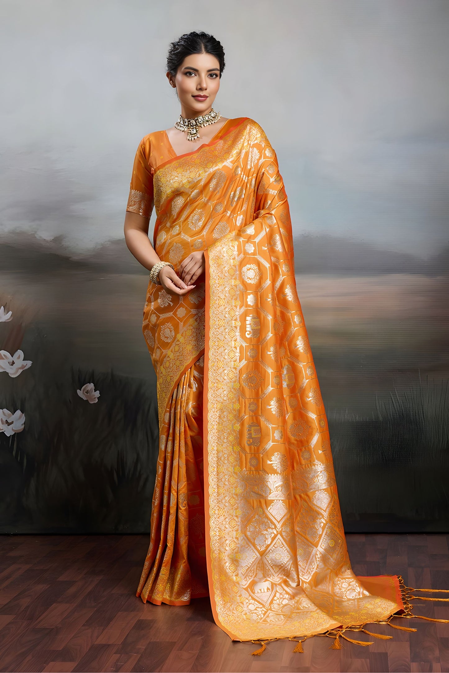 Luxury Orange Banarasi Silk Saree Rich Gold Zari Weaving Traditional Motifs