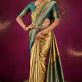 Traditional Gold Teal Green Kanjivaram Silk Saree with Rich Zari Border 