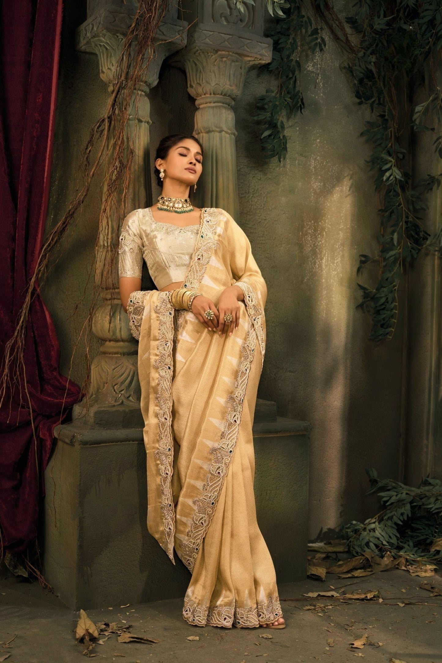 Golden Beige Silk Saree with Embroidered Border Designer Blouse