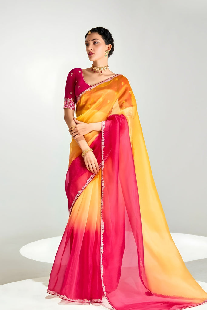 Elegant Yellow Pink Ombre Organza Saree with Designer Blouse 