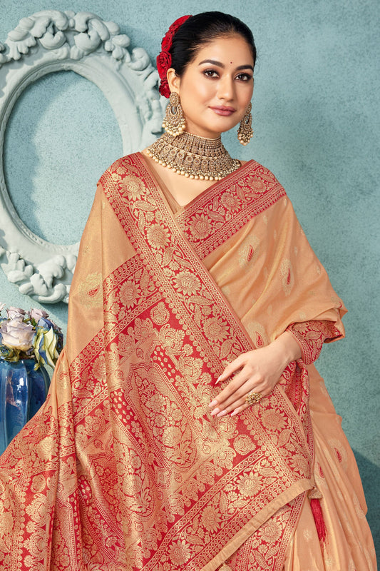 Golden Banarasi Silk Saree with Heavy Red Zari Work and Blouse