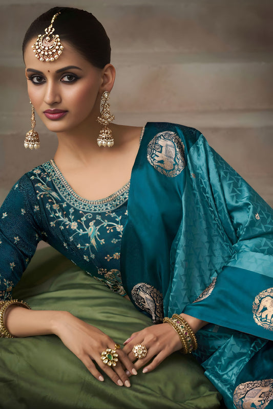Teal Blue Silk Saree with Heavy Zari Border Traditional Saree