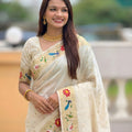 Off White Floral Woven Linen Silk Saree with Designer Peacock Border
