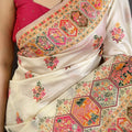 Off White Soft Silk Saree Pink Gold Traditional Woven Border