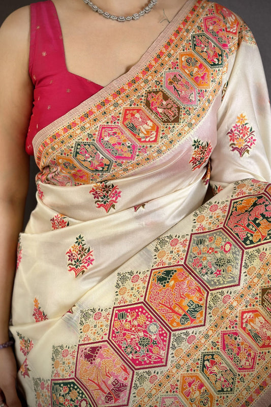 Off White Soft Silk Saree Pink Gold Traditional Woven Border