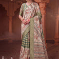 Traditional Cream and Olive Green Banarasi Silk Saree Artistic Printed Pallu