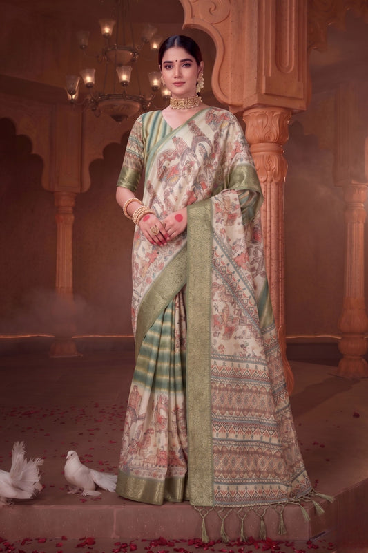 Traditional Cream and Olive Green Banarasi Silk Saree Artistic Printed Pallu