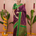 Purple Silk Saree with Green Woven Border Traditional Design