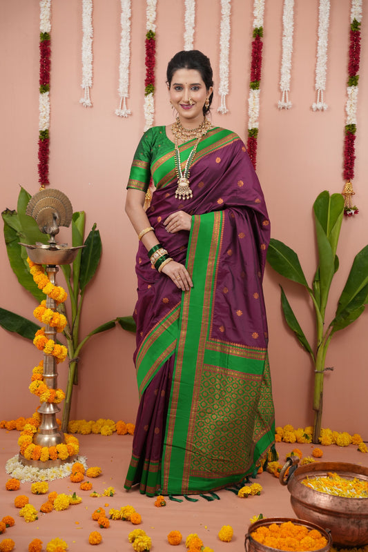 Purple Silk Saree with Green Woven Border Traditional Design