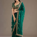  Green Silk Saree Heavy Zari Embroidered Border Designer Blouse 